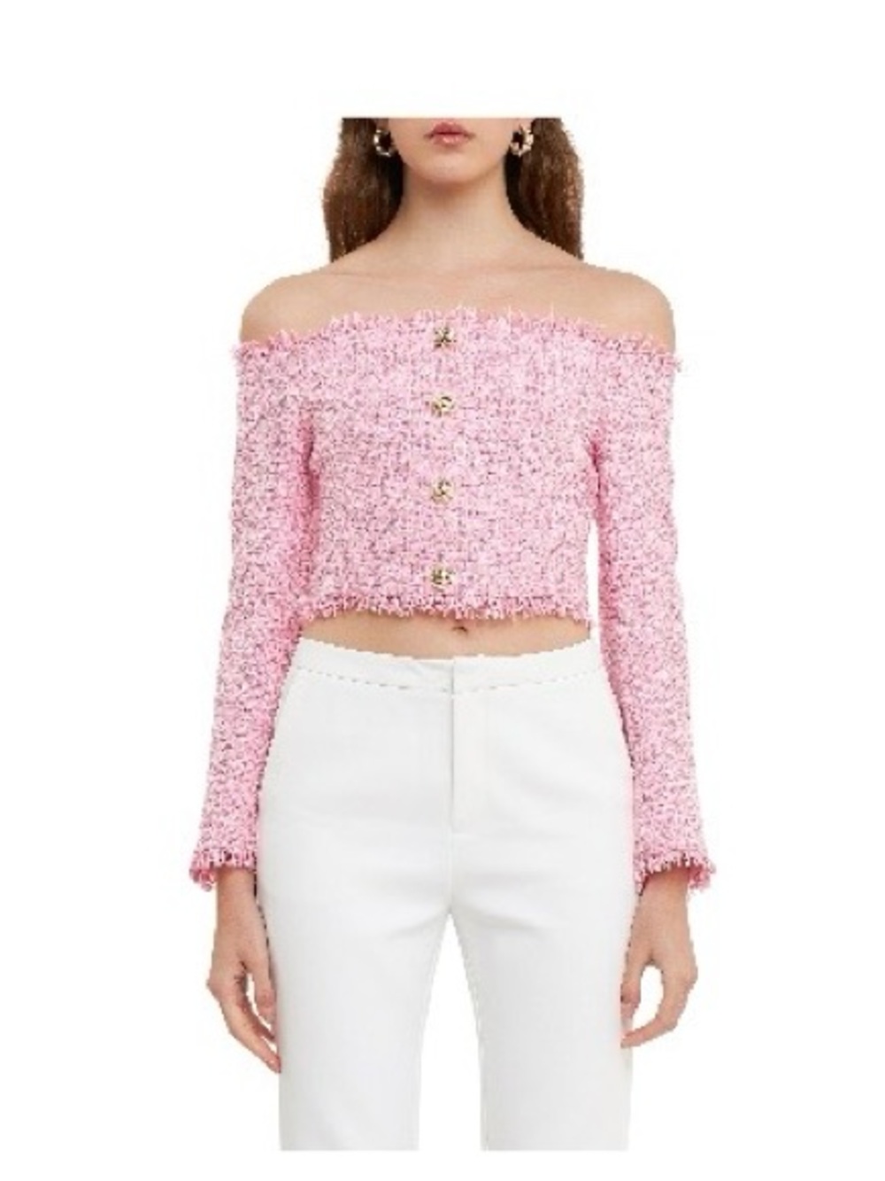 Pink Tweed Cropped Top with Decorative Buttons